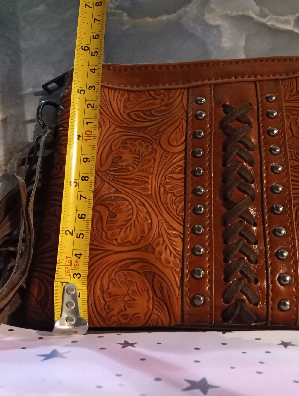 Brown Tooled Leather Crossbody Bag with Stud & Braid Detail, Fringed